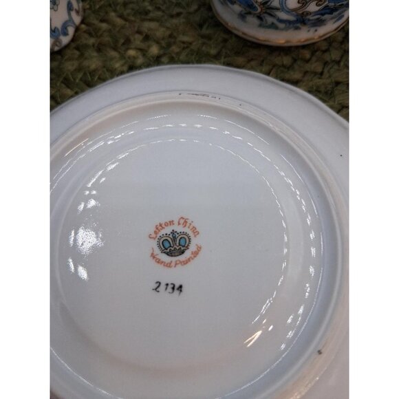 Vintage Lefton China Hand Painted Blue & Gold Floral Tea Set With Sugar Bowl Cre - Picture 6 of 7